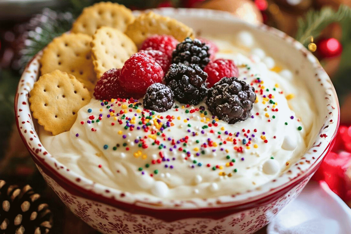Christmas Sugar Cookie Dip topped with holiday sprinkles, served with cookies and fruit, perfect for holiday gatherings.