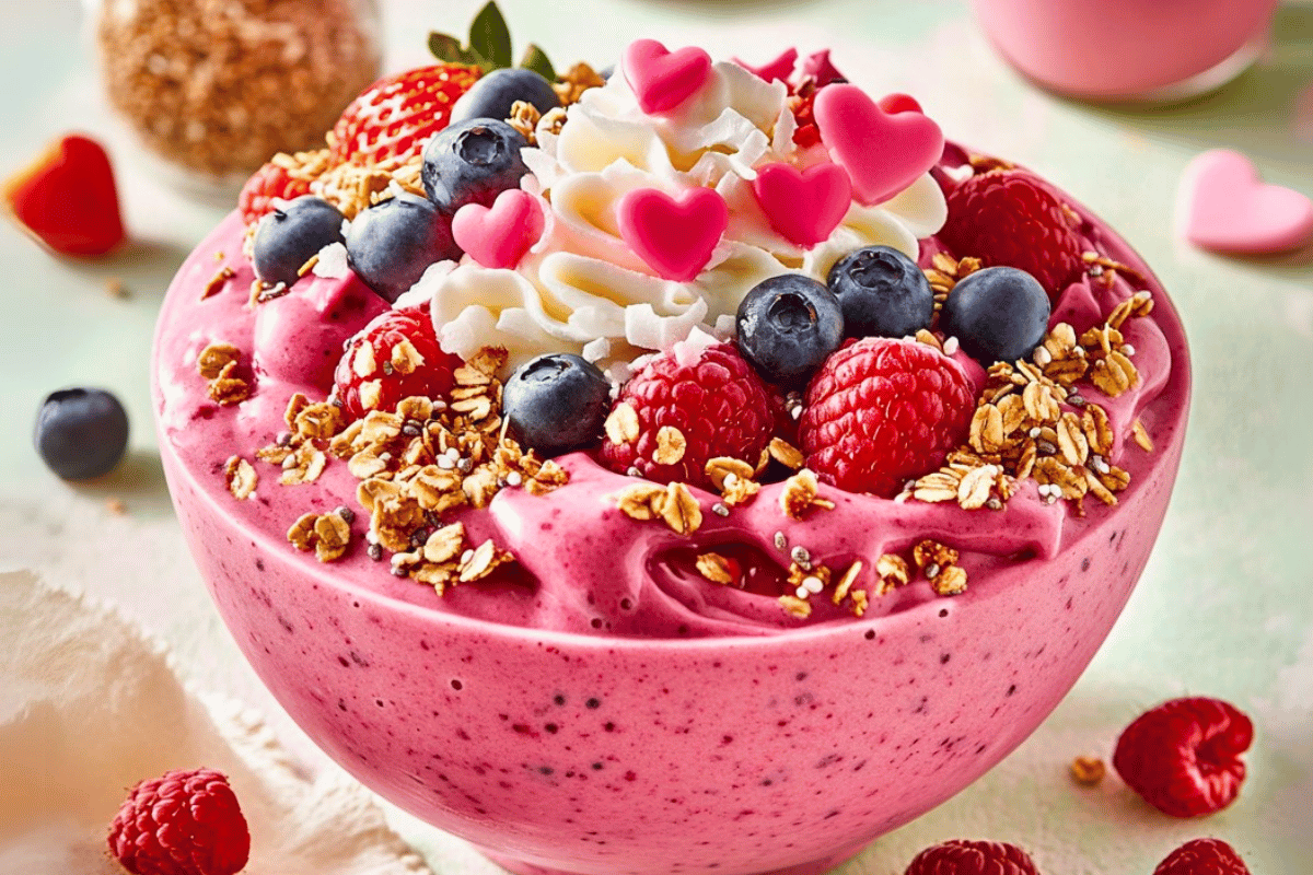 Berry Bliss Valentine’s Smoothie Bowl topped with strawberries, blueberries, granola, and heart-shaped sprinkles