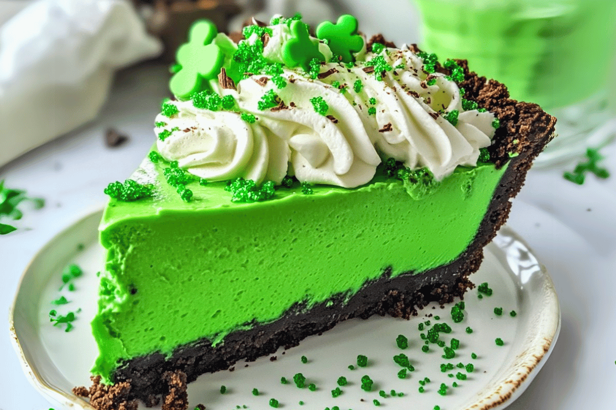 Shamrock Cream Pie in a pie dish, topped with whipped cream, green sprinkles, and chocolate shavings
