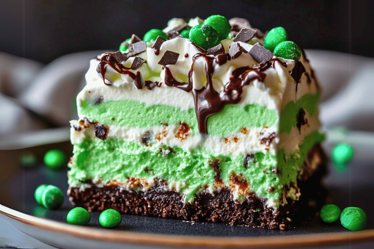 Shamrock Shake Dessert Lasagna with layers of mint cream, chocolate crust, and festive green toppings in a St. Patrick’s Day setting