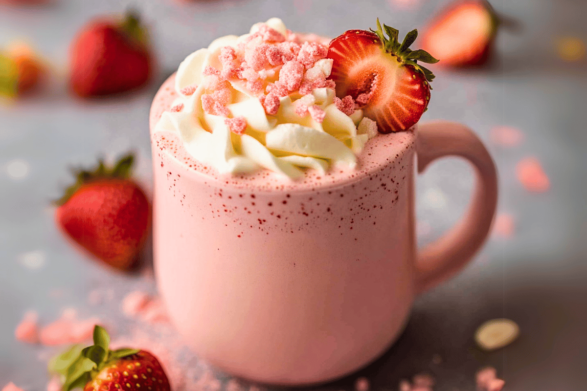 A mug of strawberry hot chocolate topped with whipped cream, fresh strawberries, and pink sprinkles