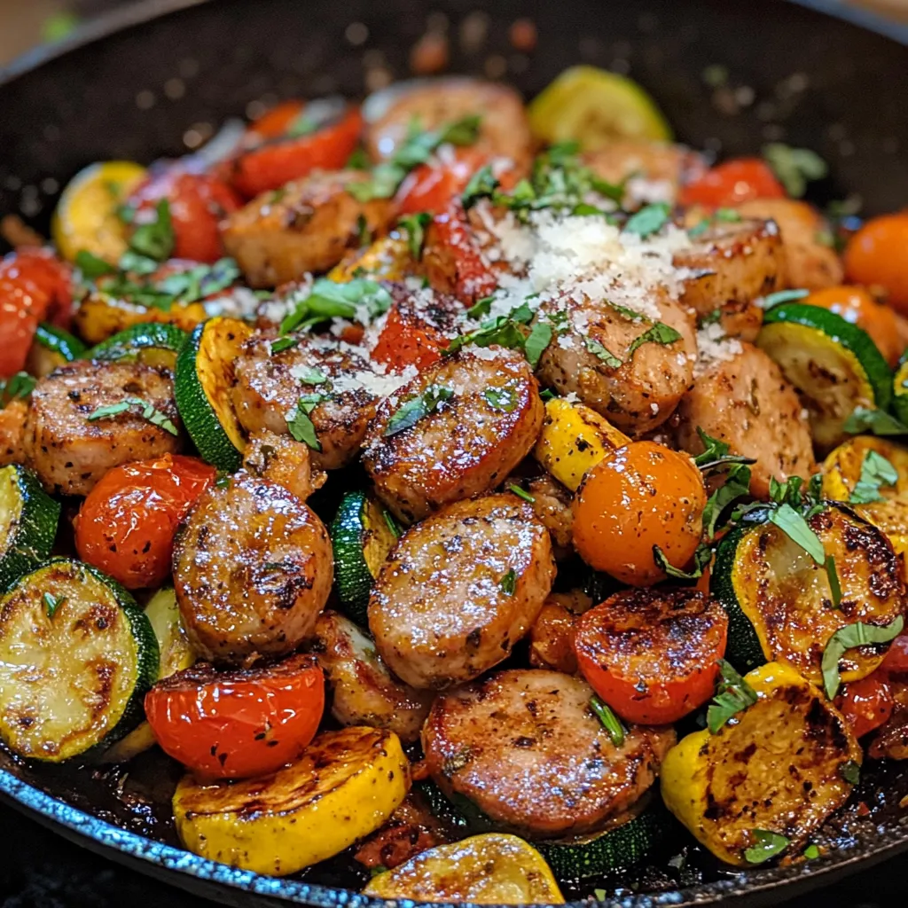 A healthy one-pan dinner with chicken sausage, zucchini, and tomatoes. Fast, flavorful, and ready in just 25 minutes!