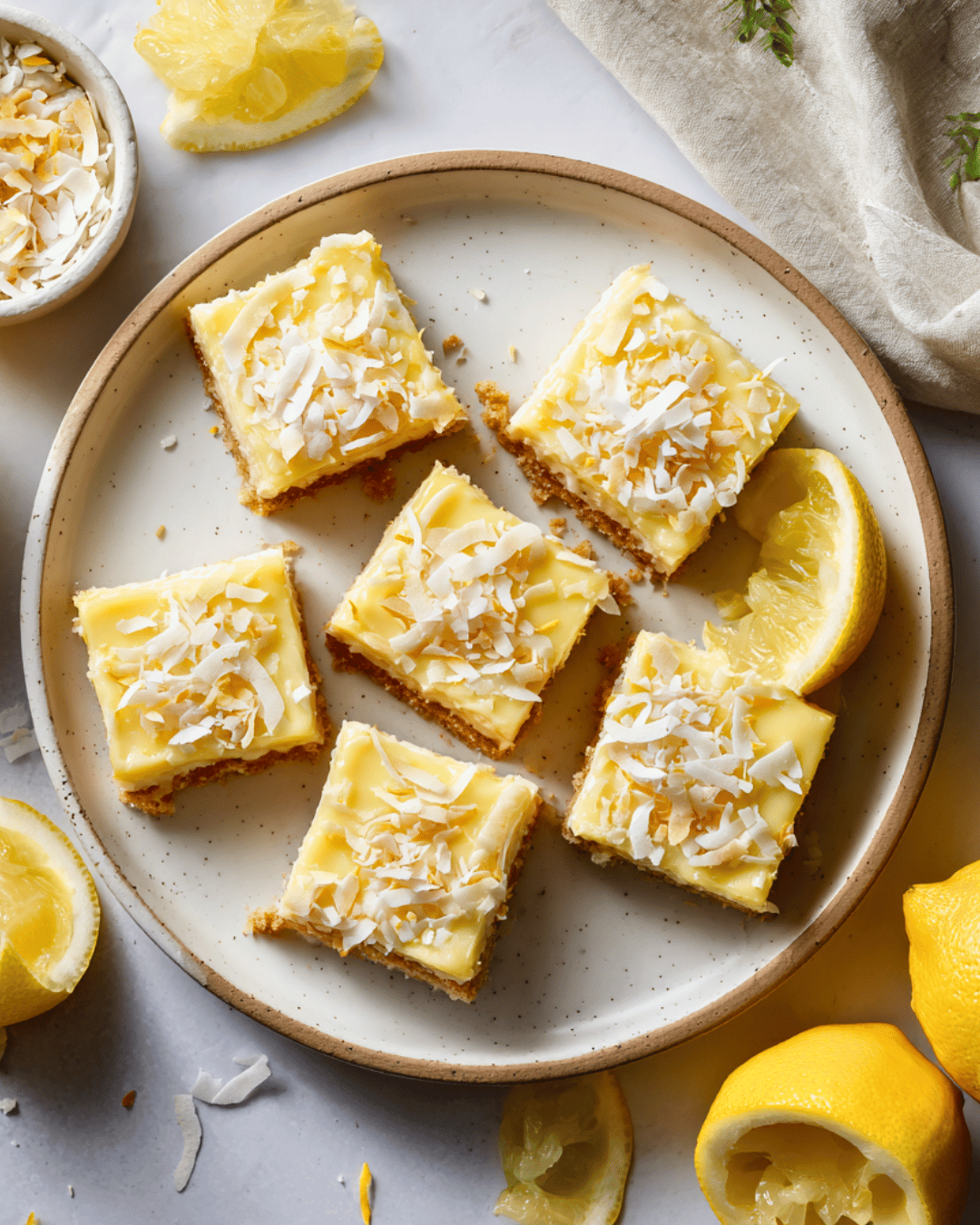 Slices of No-Bake Lemon Slice with Condensed Milk & Coconut on a serving plate