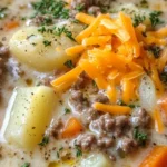 Bowl of creamy potato and hamburger soup with fresh parsley garnish