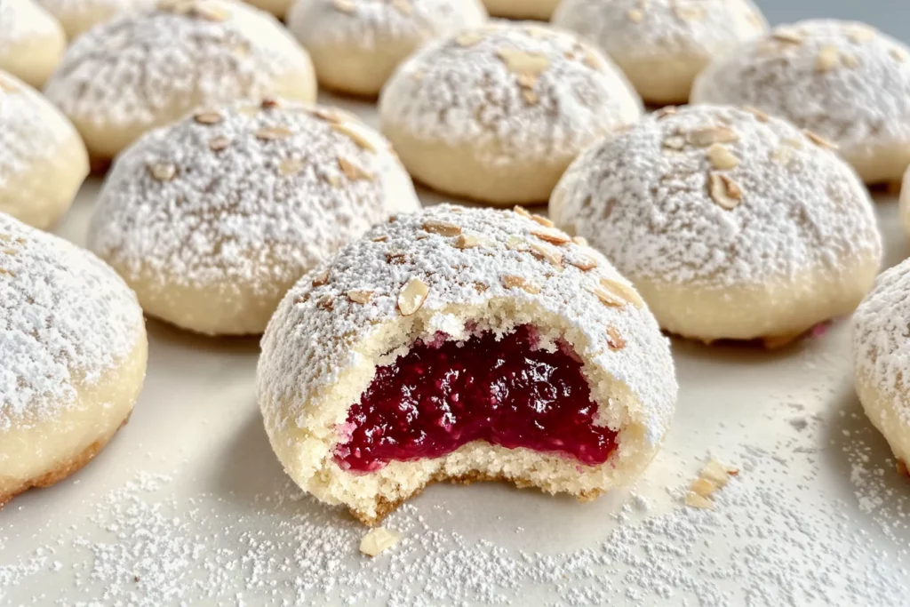 Raspberry FILLED ALMOND SNOWBALL COOKIES