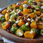 ROASTED BRUSSELS SPROUTS AND BUTTERNUT SQUASH WITH MAPLE WALNUTS, CRANBERRIES, AND GOAT CHEESE