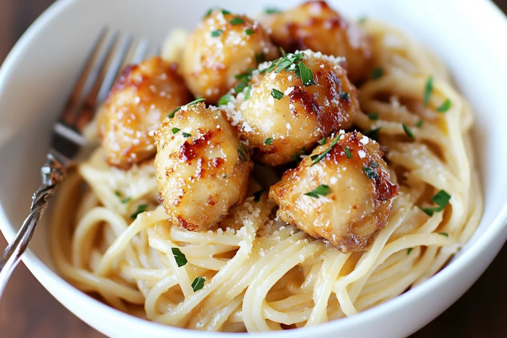 Garlic Butter Chicken Bites With Creamy Parmesan Pasta