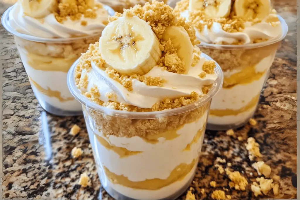 A bowl of Banana Cream Cheesecake Fluff with sliced bananas, vanilla wafers, and whipped topping, perfect for parties and potlucks.
