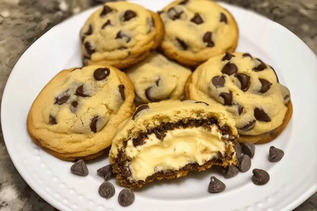 Cheesecake stuffed chocolate chip cookies with a gooey cream cheese center, perfect for dessert or snack time.