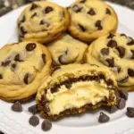 Cheesecake stuffed chocolate chip cookies with a gooey cream cheese center, perfect for dessert or snack time.