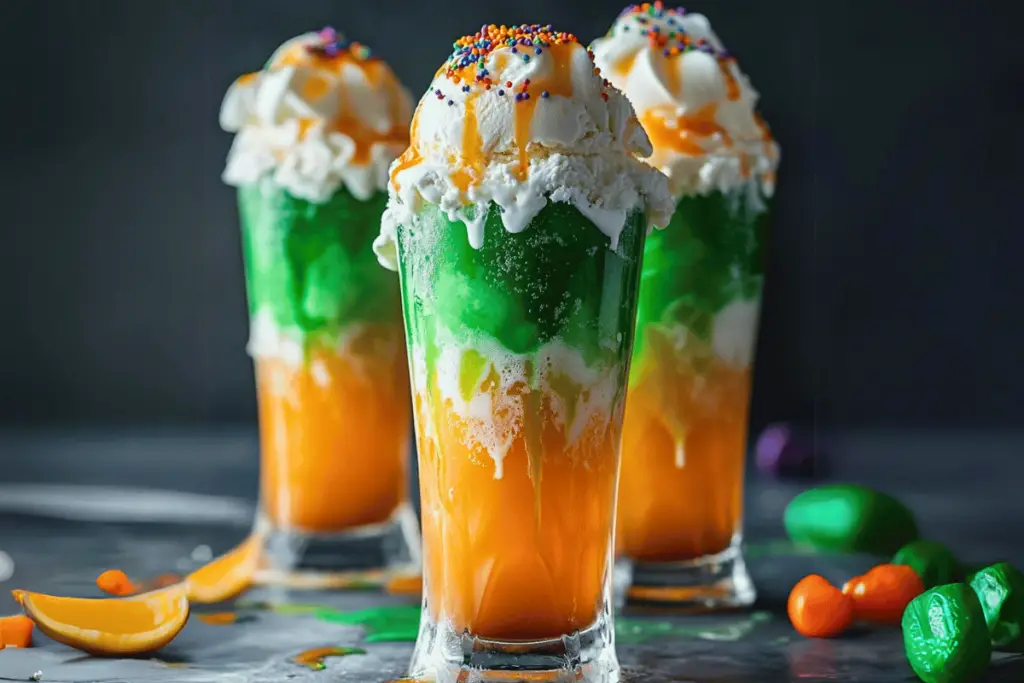Creamsicle Witch’s Brew Floats with orange sherbet, green food coloring, gummy worms, and candy eyeballs, perfect for Halloween parties.