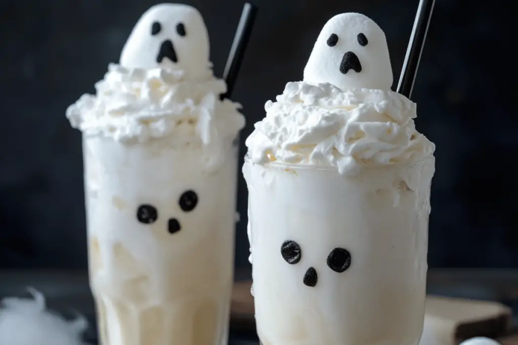 Ghoulish Ghostly White Floats with vanilla ice cream, lemon-lime soda, candy eyes, and black licorice, perfect for Halloween celebrations.