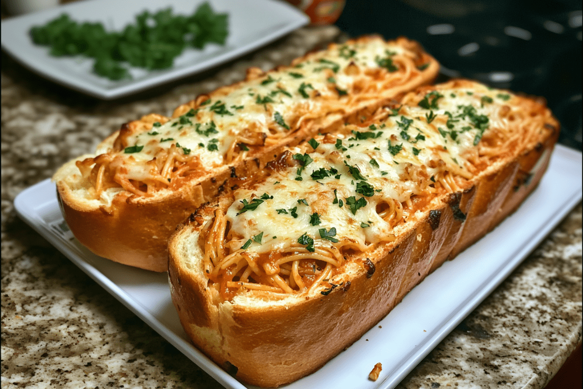 Spaghetti Stuffed Garlic Bread - cookefast.com
