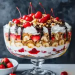 A colorful No-Bake Banana Split Cake with layers of fruit, pudding, and whipped cream on a graham cracker crust.