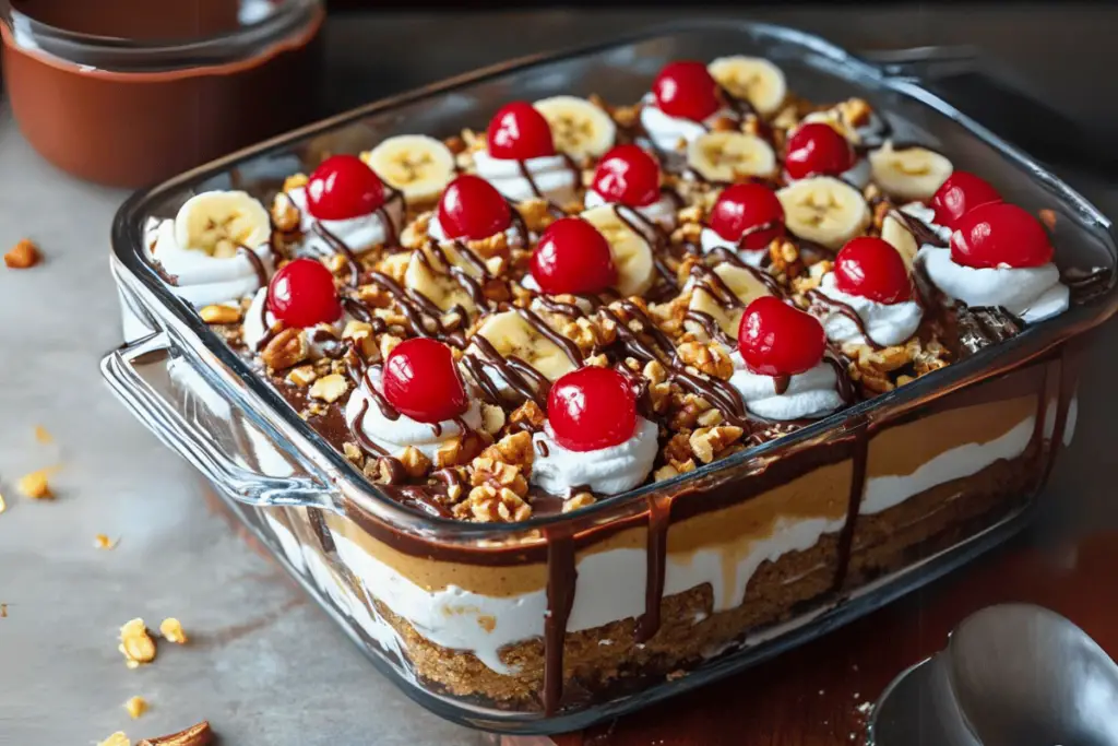 A layered No-Bake Peanut Butter Banana Split Cake with banana slices, peanut butter filling, chocolate pudding, and whipped topping.