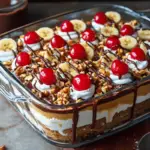 A layered No-Bake Peanut Butter Banana Split Cake with banana slices, peanut butter filling, chocolate pudding, and whipped topping.
