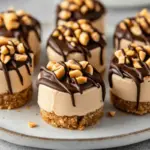 No-bake peanut butter cheesecake bites with a graham cracker crust, topped with melted chocolate and chopped peanuts, perfect for dessert.