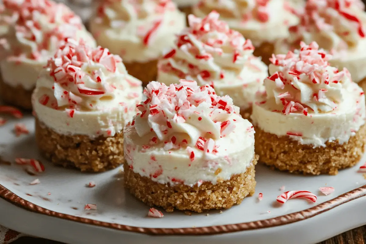 No-bake peppermint cheesecake bites with a graham cracker crust, topped with crushed candy canes, perfect for holiday parties and gatherings.
