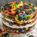 Oreo Dirt Cake with layers of crushed Oreos, creamy pudding, and topped with gummy worms, perfect for parties and family gatherings.