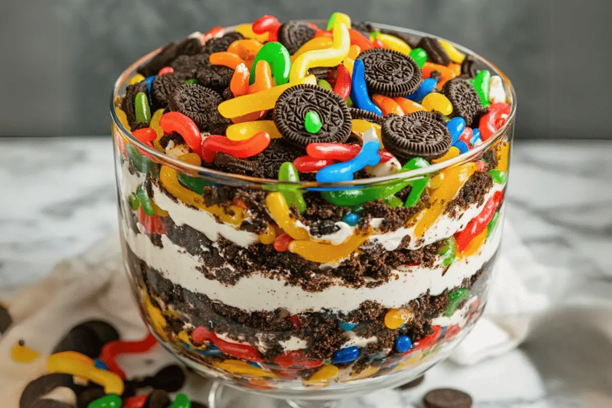 Oreo Dirt Cake with layers of crushed Oreos, creamy pudding, and topped with gummy worms, perfect for parties and family gatherings.