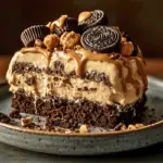 Oreo Peanut Butter Dirt Cake layered with creamy peanut butter filling, chocolate pudding, and topped with gummy worms, perfect for parties.