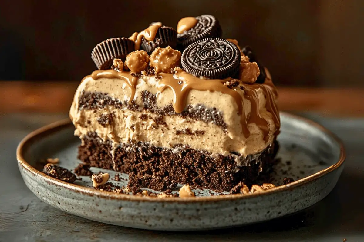 Oreo Peanut Butter Dirt Cake layered with creamy peanut butter filling, chocolate pudding, and topped with gummy worms, perfect for parties.