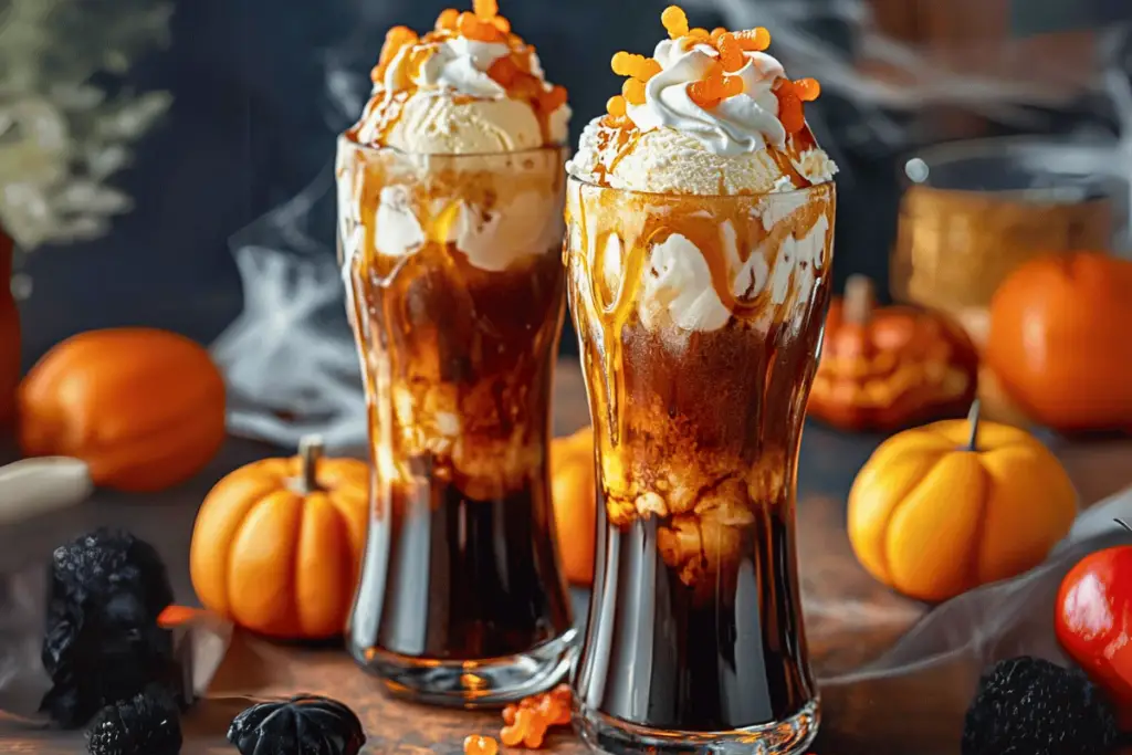 Pumpkin Spice Witch’s Brew Float with pumpkin spice ice cream, green food coloring, gummy worms, and candy eyeballs, perfect for Halloween parties.