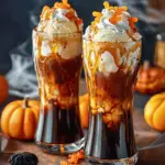 Pumpkin Spice Witch’s Brew Float with pumpkin spice ice cream, green food coloring, gummy worms, and candy eyeballs, perfect for Halloween parties.