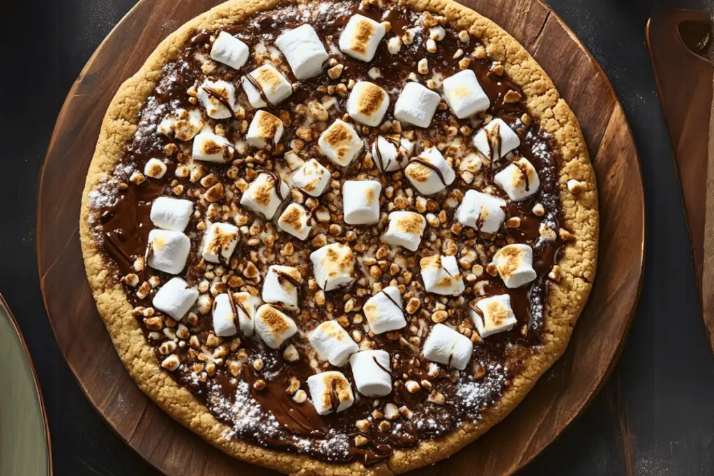 S’mores Dessert Pizza topped with melted chocolate, marshmallows, and graham cracker crumbs, perfect for campfire cravings in pizza form.