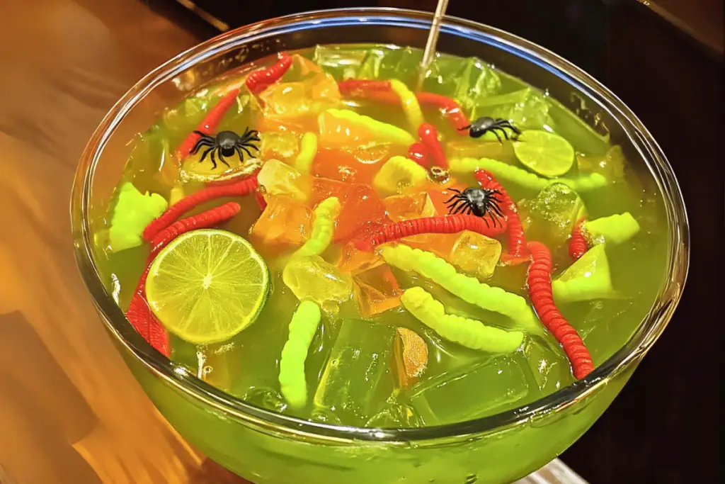 Swamp Water Punch with green color, gummy worms, and dry ice fog, perfect for Halloween parties and celebrations.