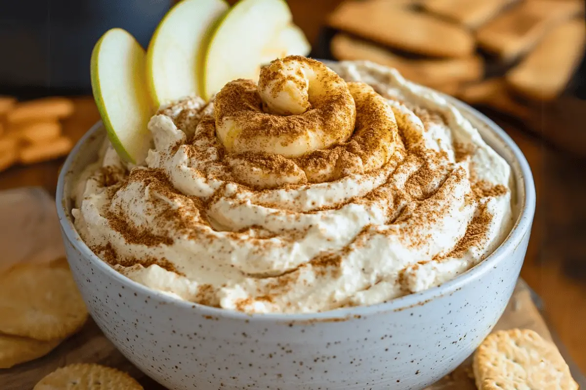 Cinnamon Roll Cheesecake Dip with swirls of cinnamon sugar, served with graham crackers, pretzels, and fresh fruit for dipping.