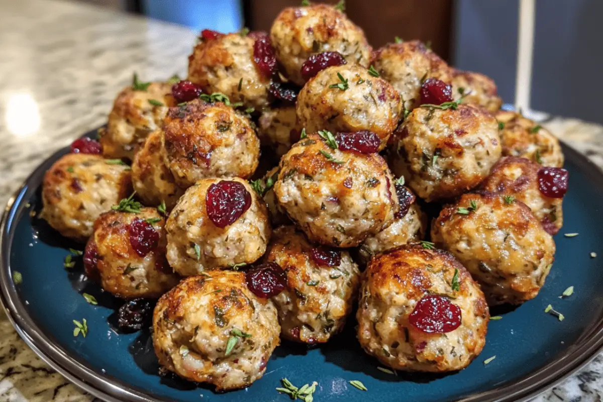 Cranberry Turkey Stuffing Balls are perfect for the holidays. Savory, sweet, and easy to make