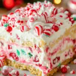 No-Bake Christmas Candy Lasagna with layers of peppermint cheesecake, pudding, whipped topping, and festive holiday sprinkles and candy decorations.