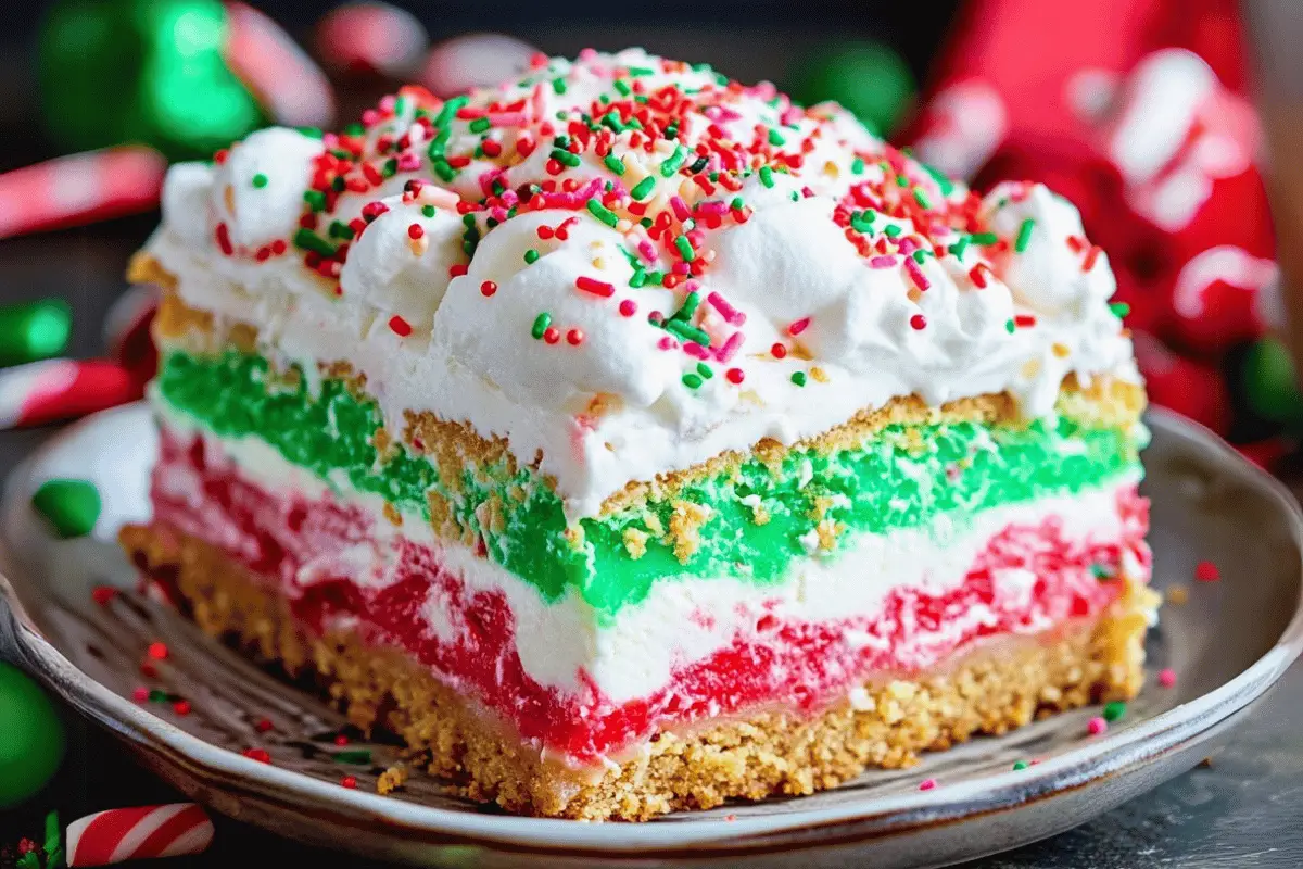 No-Bake Christmas Lasagna with colorful layers of red and green pudding, whipped topping, and holiday sprinkles, perfect for festive gatherings.