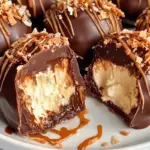 No-Bake Samoa Cheesecake Truffles coated in chocolate, topped with toasted coconut and caramel drizzle, arranged on a festive serving platter.