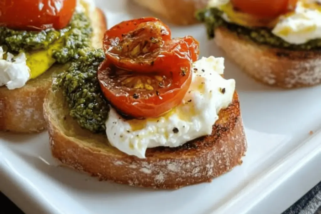 Pesto Burrata Crostini with Roasted Tomatoes Recipe