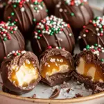 A festive platter of Chocolate Caramel Cream Cheese Truffles, coated in chocolate and topped with red and green sprinkles and flaky sea salt.