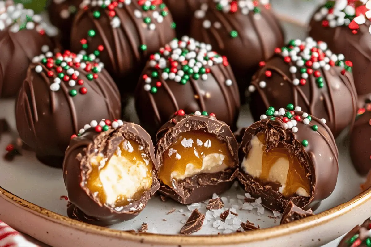 A festive platter of Chocolate Caramel Cream Cheese Truffles, coated in chocolate and topped with red and green sprinkles and flaky sea salt.