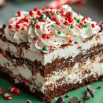 A festive slice of Chocolate Christmas Cookie Lasagna topped with crushed candy canes, sprinkles, and mini chocolate chips, served on a holiday plate.