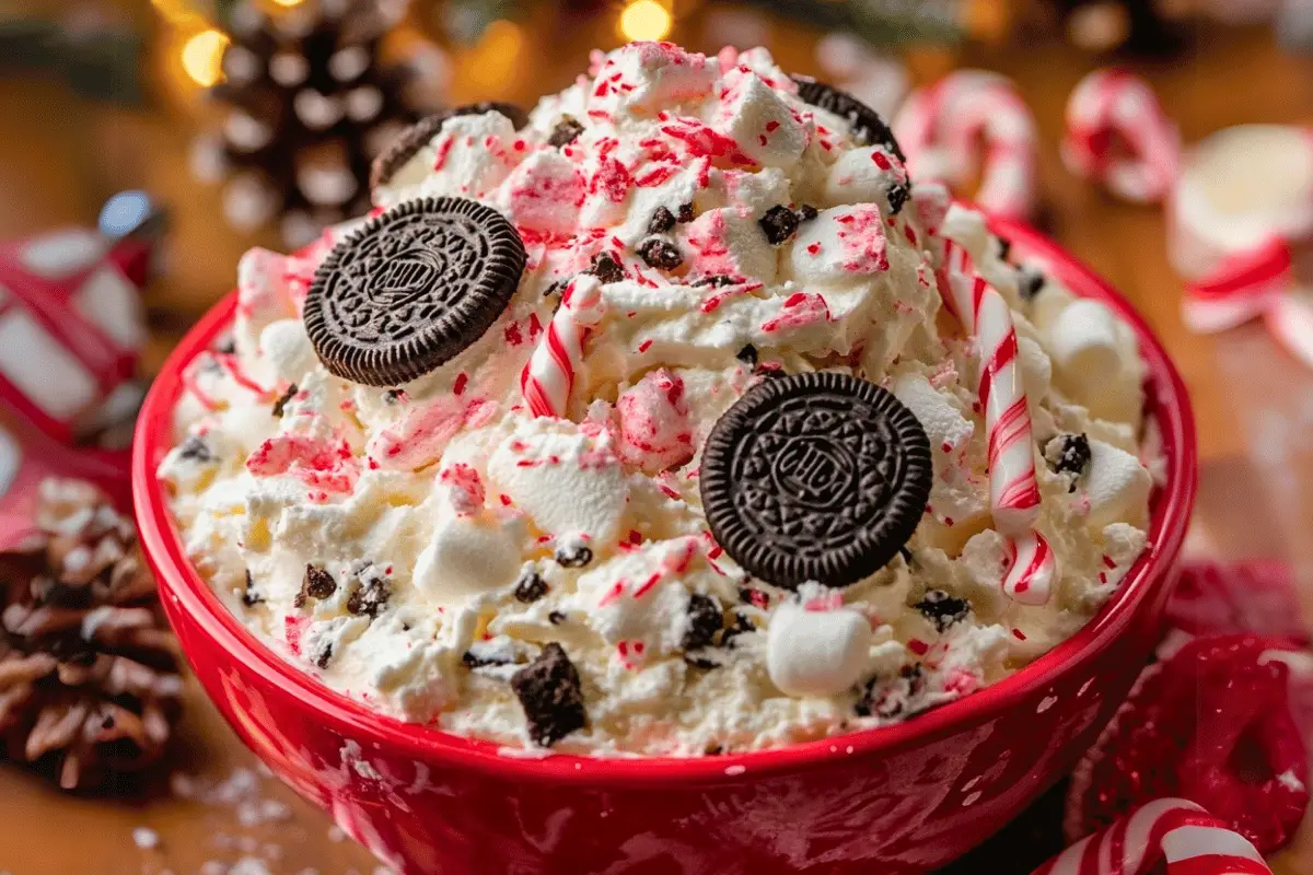 A festive bowl of Christmas Candy Cane Oreo Fluff topped with crushed Oreos, candy canes, and whipped cream, surrounded by holiday treats.