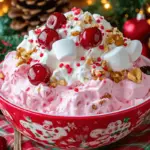 A bowl of Christmas Cherry Fluff garnished with whipped cream, cherry pie filling, and holiday sprinkles, served in a festive setting.