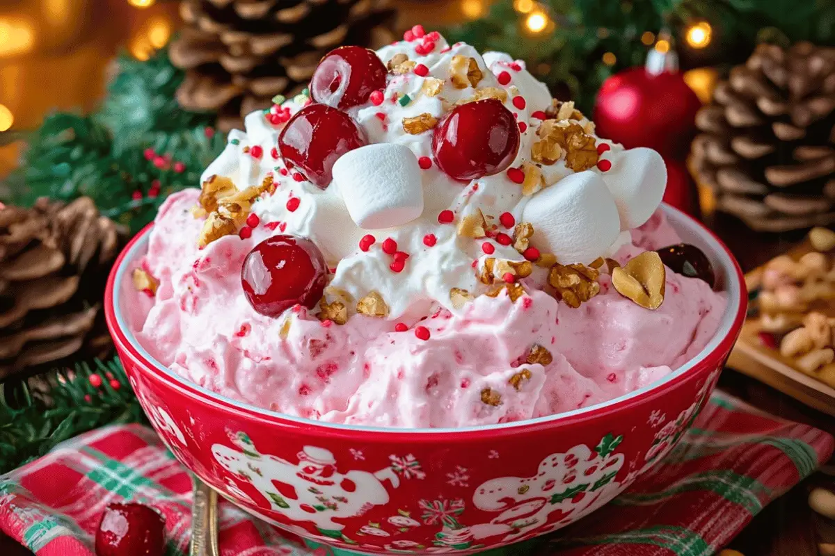 A bowl of Christmas Cherry Fluff garnished with whipped cream, cherry pie filling, and holiday sprinkles, served in a festive setting.