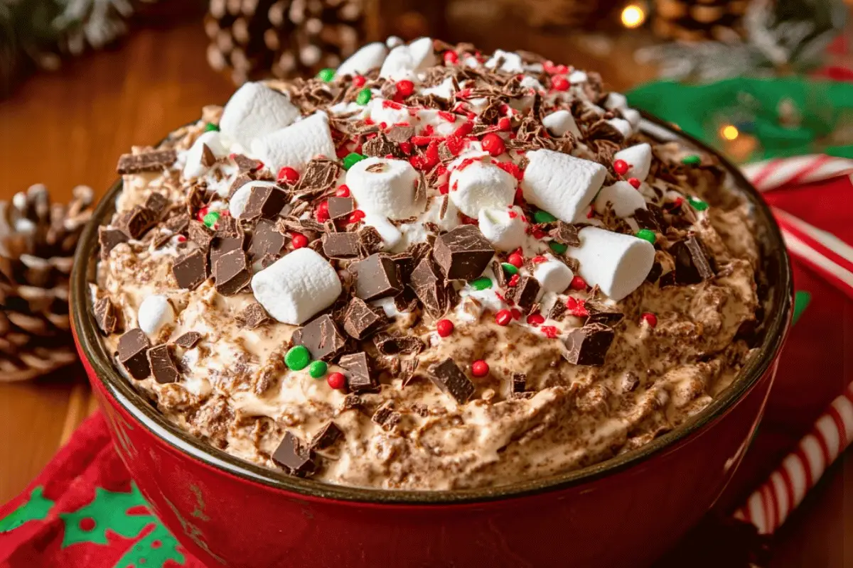 A festive bowl of Christmas Chocolate Lovers’ Fluff topped with red and green sprinkles, chocolate shavings, and mini candy canes, served in a holiday setting.