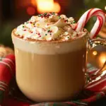 A steaming mug of Christmas Coffee topped with whipped cream, cinnamon, and holiday sprinkles, served with a candy cane in a festive setting.