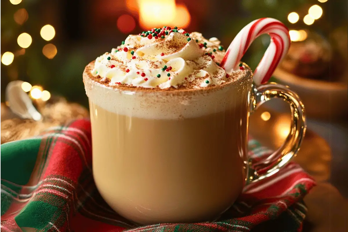A steaming mug of Christmas Coffee topped with whipped cream, cinnamon, and holiday sprinkles, served with a candy cane in a festive setting.