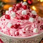 A festive bowl of Christmas Holly Berry Cheesecake Fluff garnished with cherries, mint leaves, and red-and-green sprinkles, served in a holiday setting.