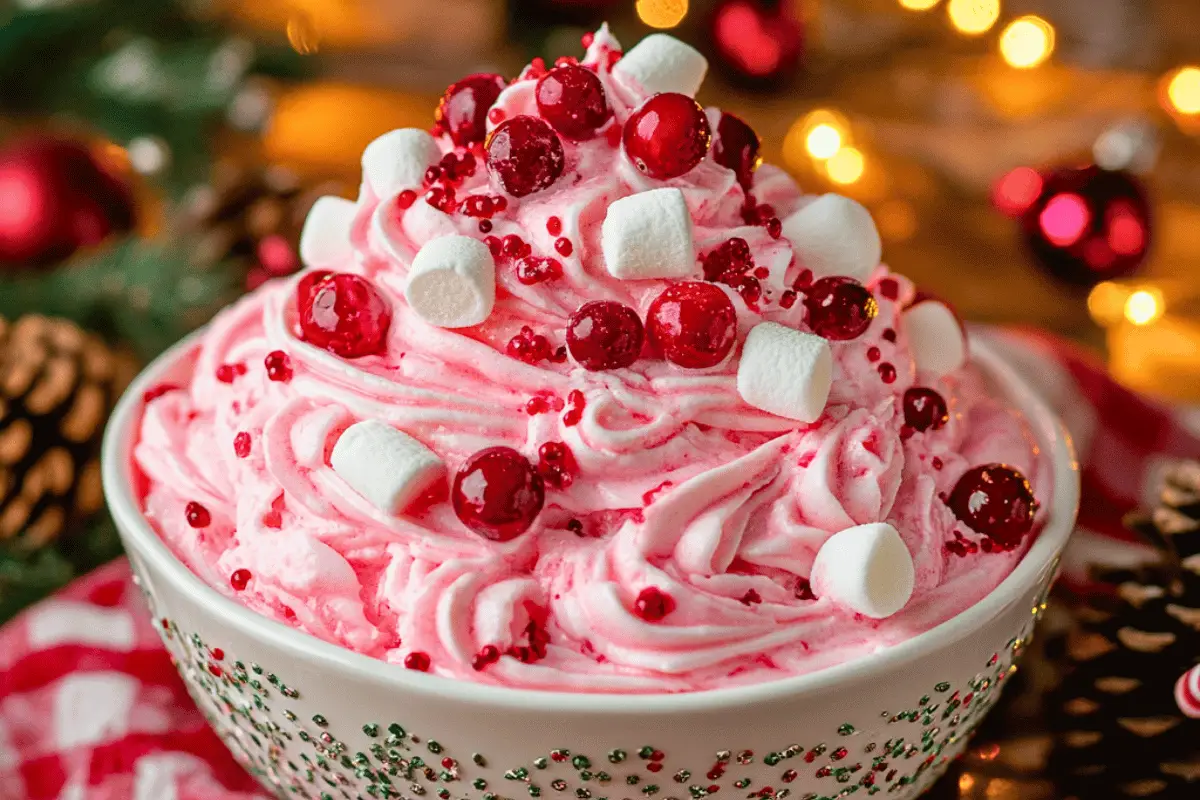 A festive bowl of Christmas Holly Berry Cheesecake Fluff garnished with cherries, mint leaves, and red-and-green sprinkles, served in a holiday setting.