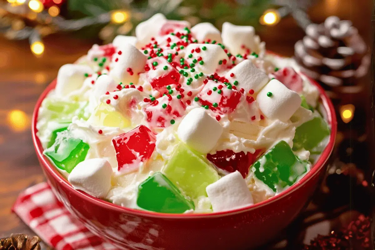 A bowl of Christmas Jello Fluff featuring red and green Jello cubes, whipped topping, and festive garnishes, perfect for holiday celebrations.