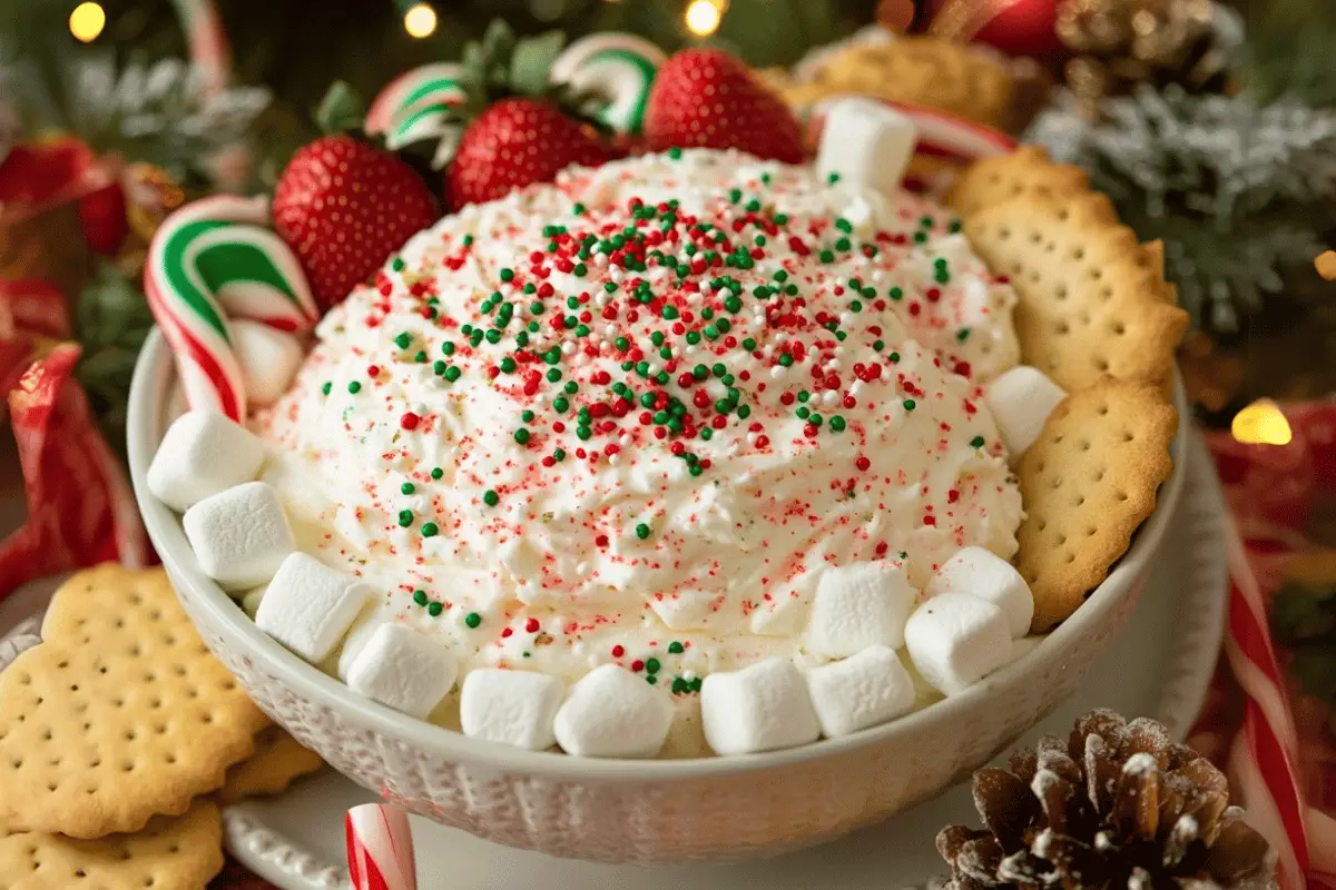 A bowl of Christmas Marshmallow Fluff topped with holiday sprinkles, candy canes, and mini marshmallows, surrounded by cookies and fruit.