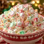 A festive bowl of Christmas Tree Cake Fluff topped with sprinkles, mini candy canes, and crushed Little Debbie Christmas Tree Cakes.